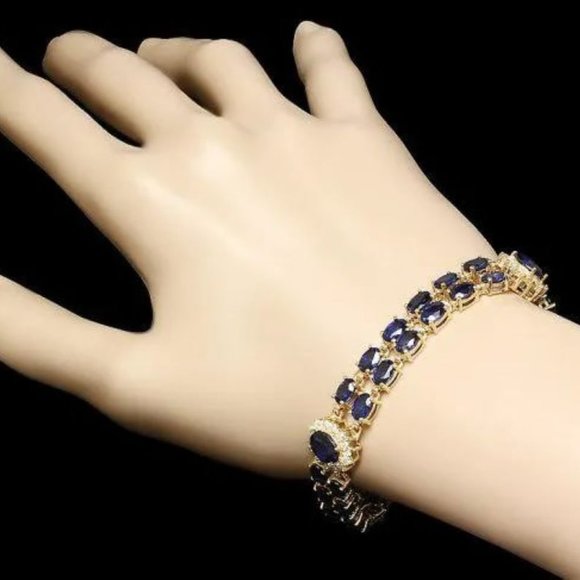 23.30 Natural Blue Sapphire and Diamond 14K Solid Yellow Gold Bracelet - Picture 5 of 6